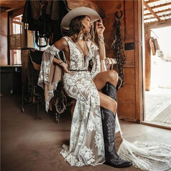 Cowboy Boots for Women - Knee High Pointed Toe Chunky Heel Pull On Zipper - Picture 2 of 6